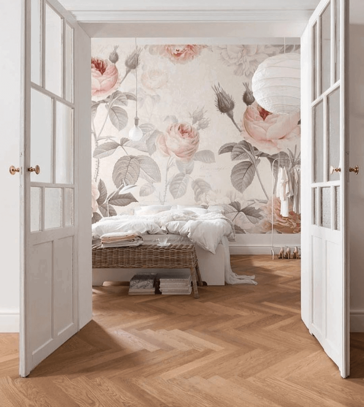 bedroom, wood flooring, floral wallpaper