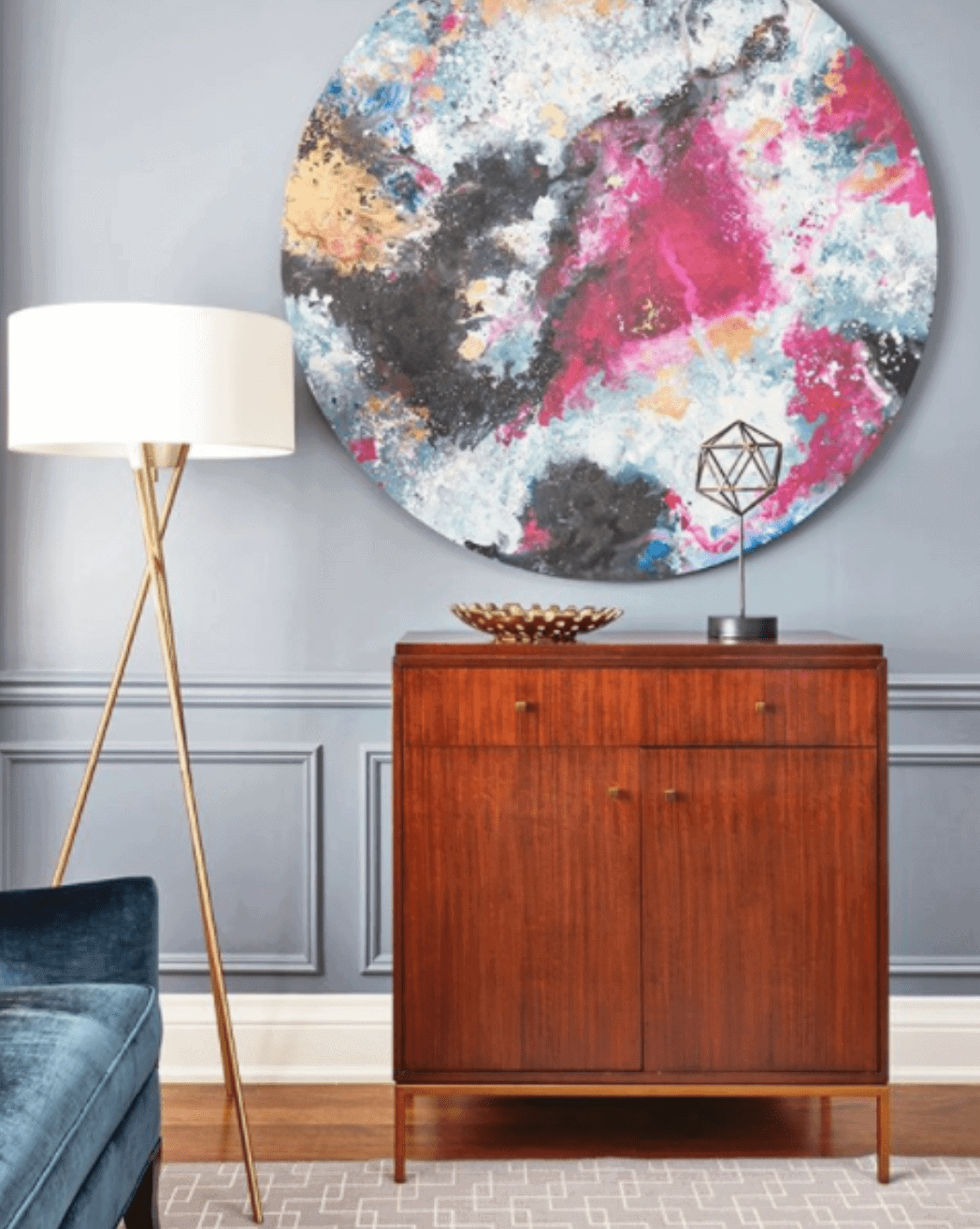 gray room, wood flooring, wood furniture, abstract wall art