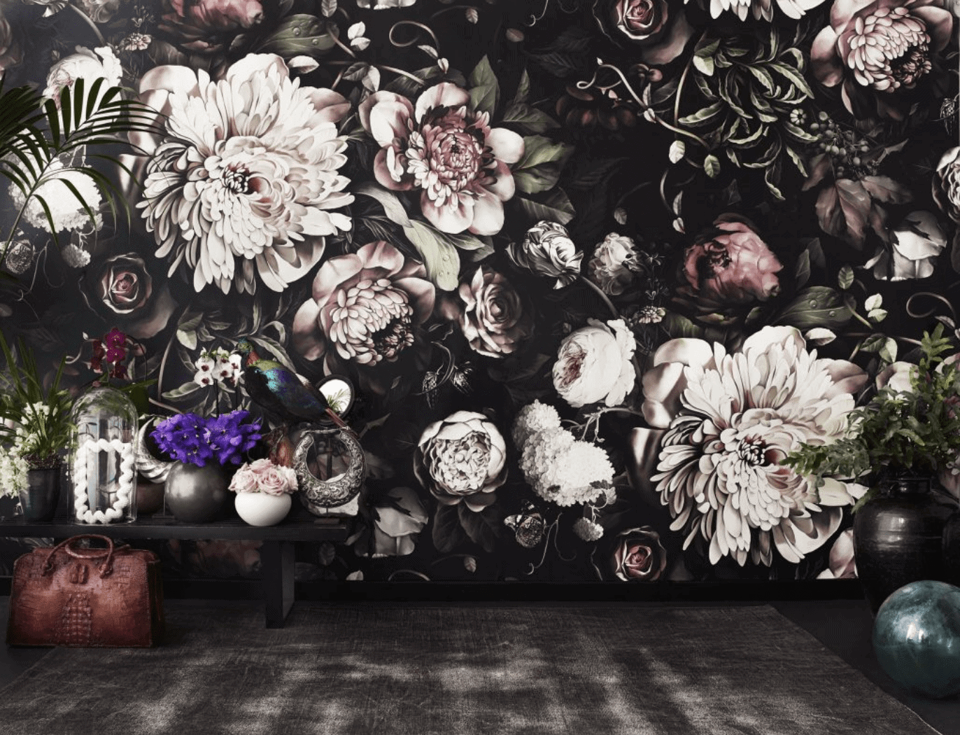 dark room, dark floral wallpaper, white flowers