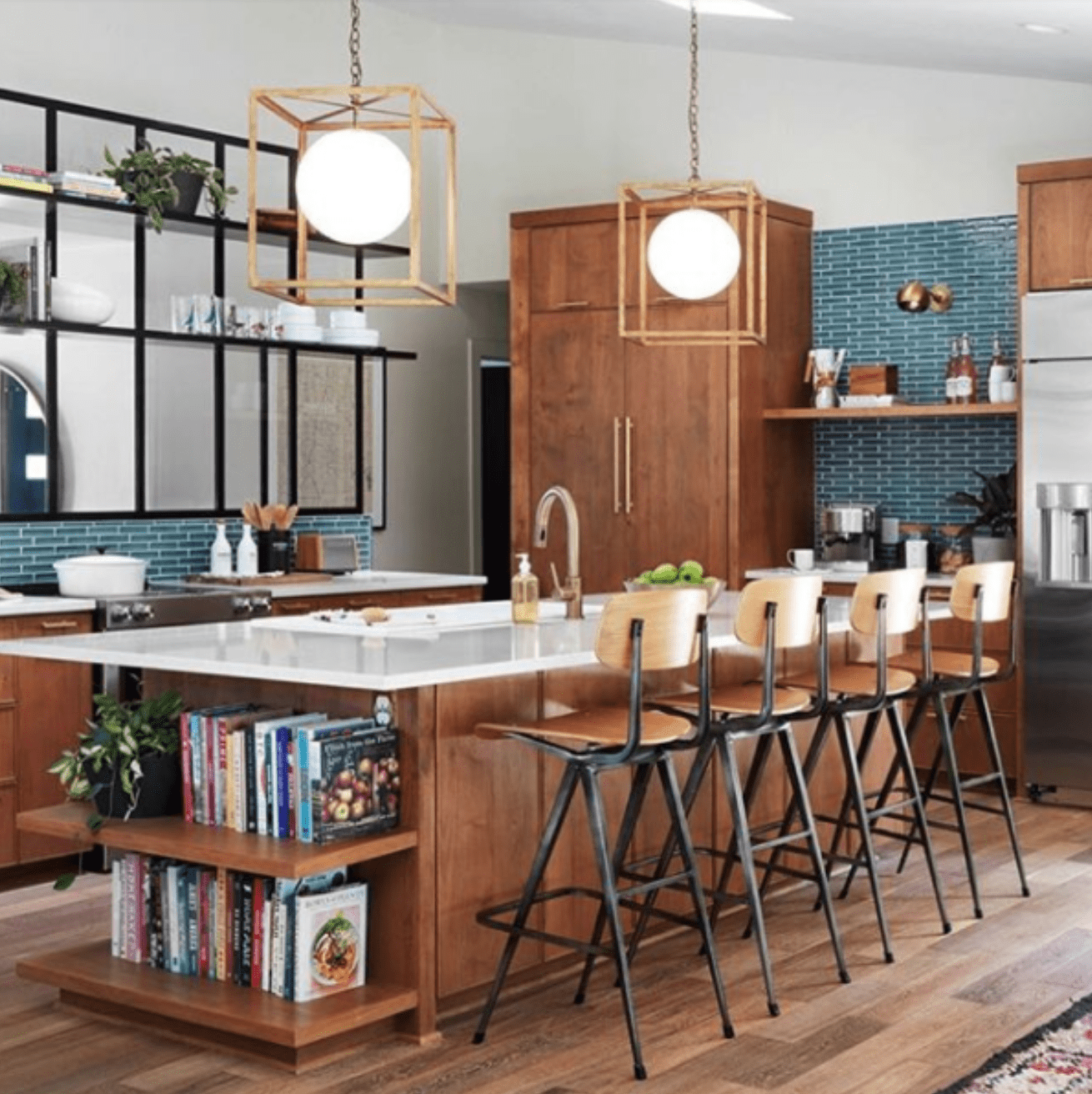 modern kitchen, wood grain cabinets, island, bar stools