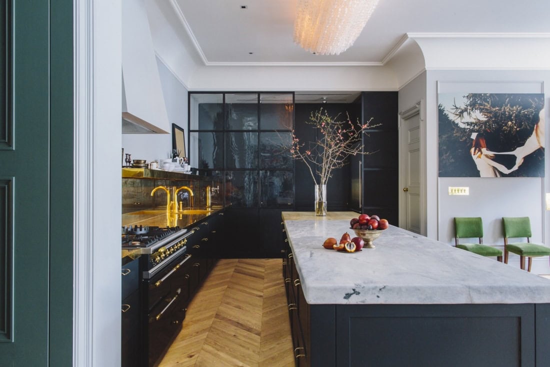 modern kitchen, wood flooring, marble countertops