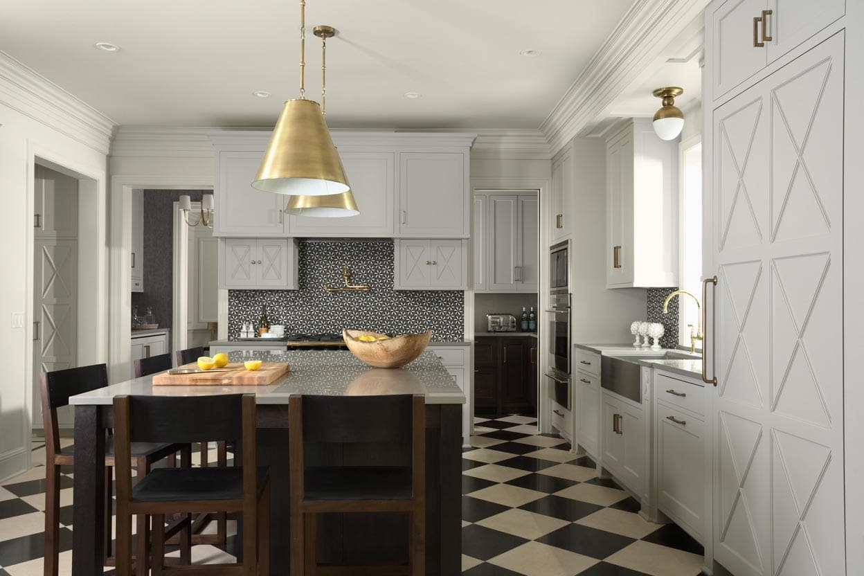 modern kitchen, checkered flooring, island with bar stools